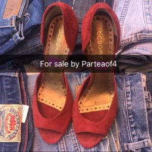 BCBG Red Suede Peep Toe Heels